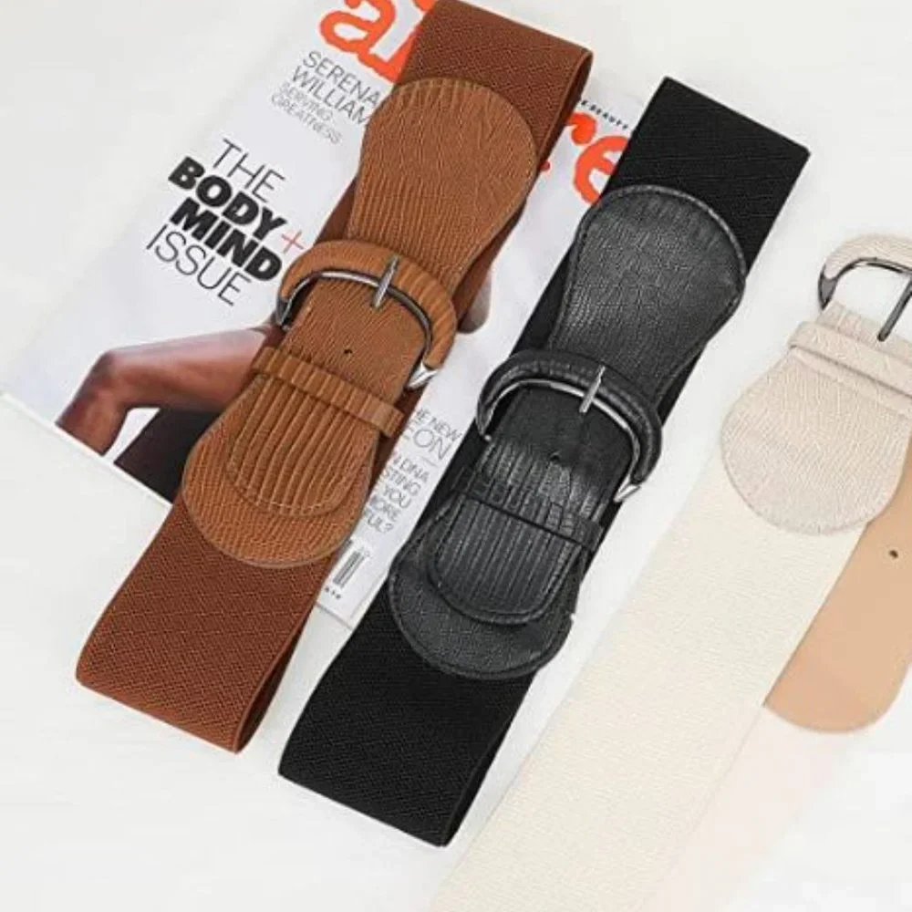 2 Pack Women Wide Elastic Waist Belt Vintage brown